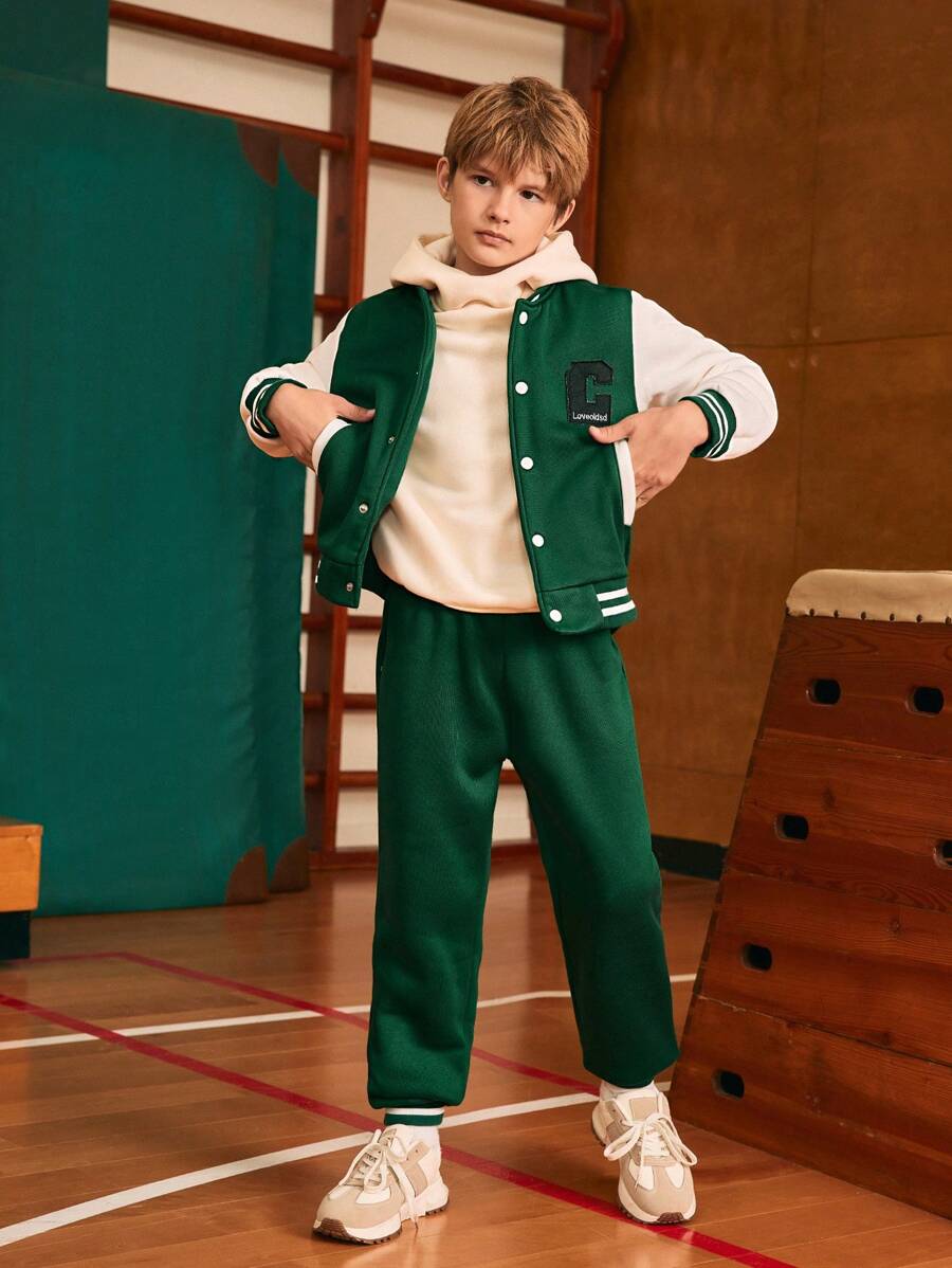 SHEIN 2 pièces/Set Veste bomber imprimée de lettres style collège et pantalon ample décontracté pour garçon préadolescent