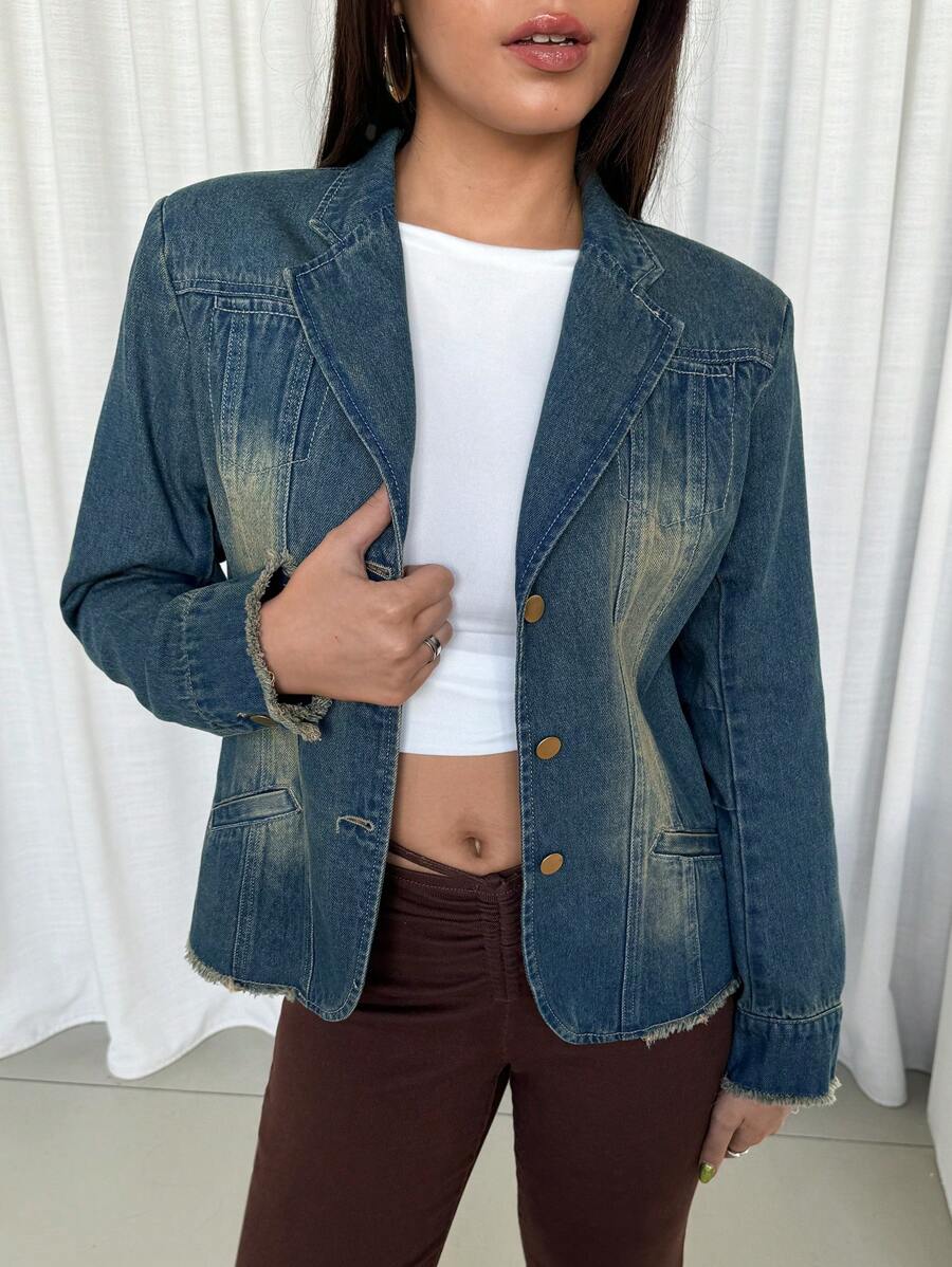Women Casual Washed Denim Jacket With Frayed Edges, Spring/Autumn Christmas Clothes Women Thanksgiving Outfit Women Thickened Denim