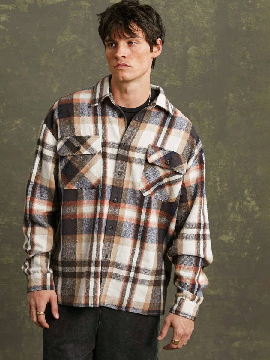 Camisa de franela a cuadros con botones para hombre