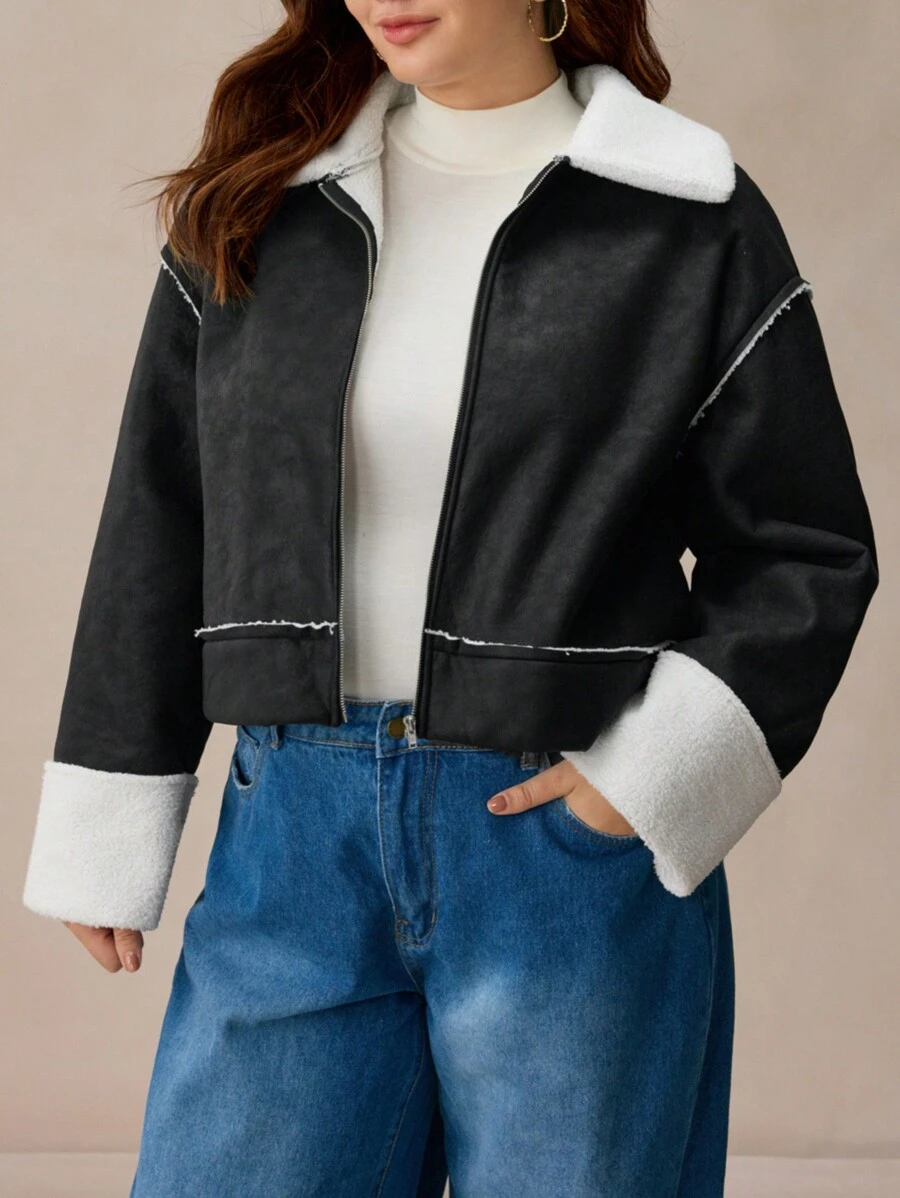 Elaquor Chaqueta de bombardero suelta con cremallera de piel sintética de talla grande con diseño de patchwork, para uso casual en otoño