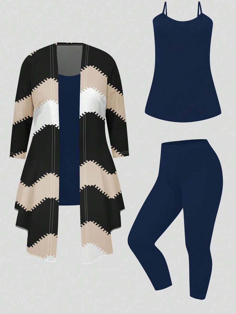 Plus Size Women 3pcs Fall Vintage Wave Print Casual Coat & Cami Top & Pants Set