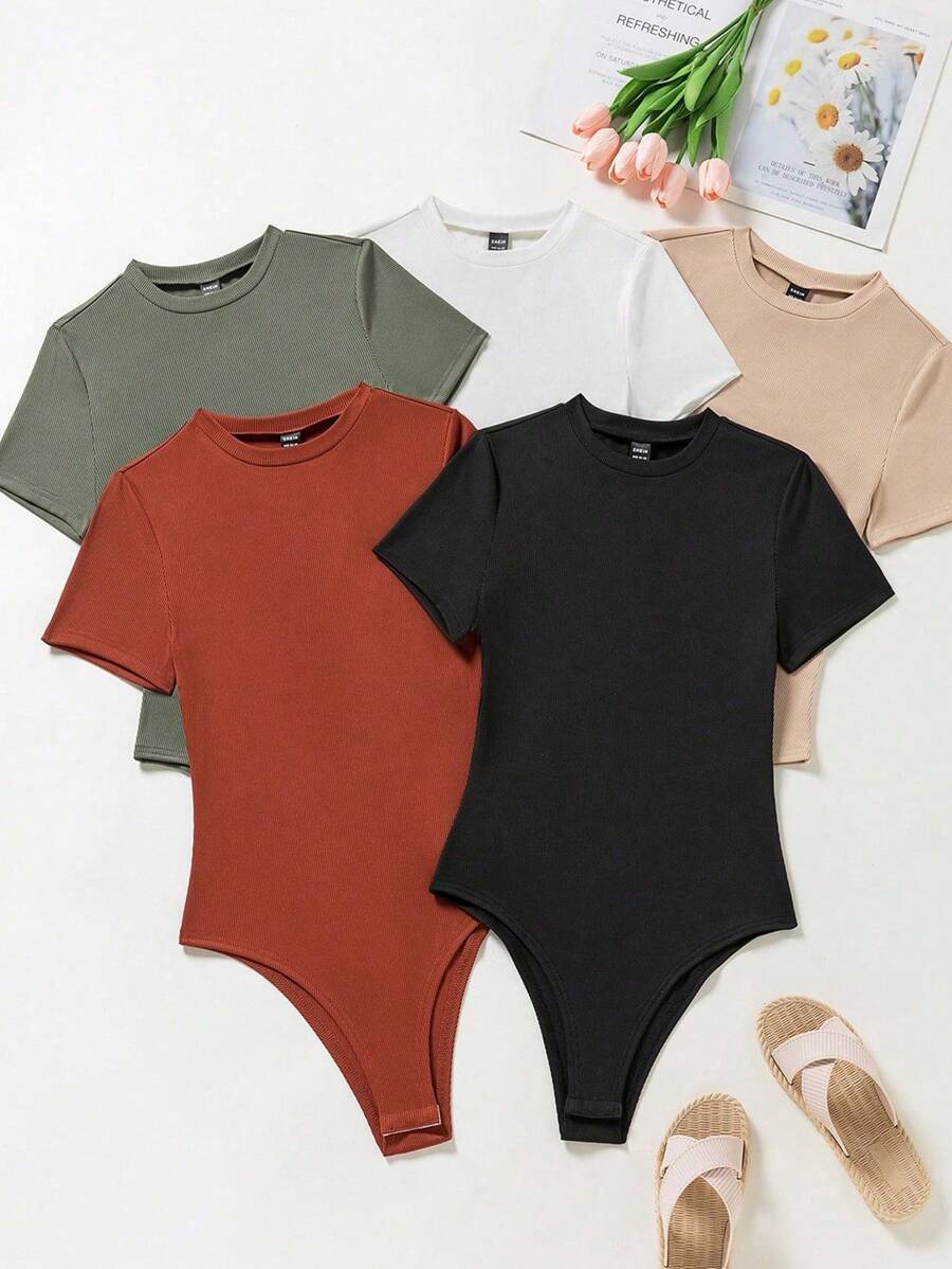 INAWLY 5 pièces/set body en couleur unie manches courtes, style décontracté, grandes tailles