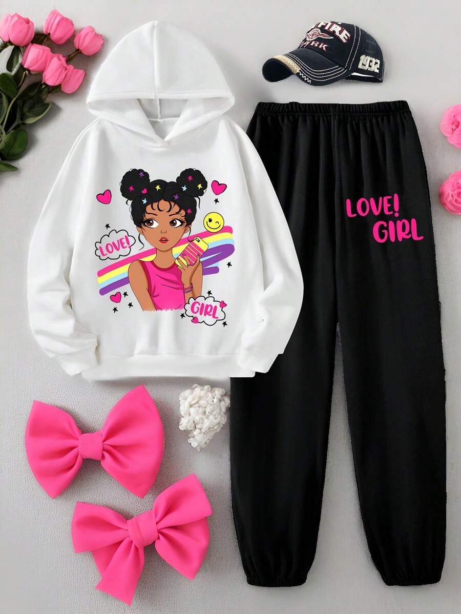 2pcs/Set Teenage Girls Casual Fashion Vacation/Commute Hooded Sweatshirt And Sweatpants Suit