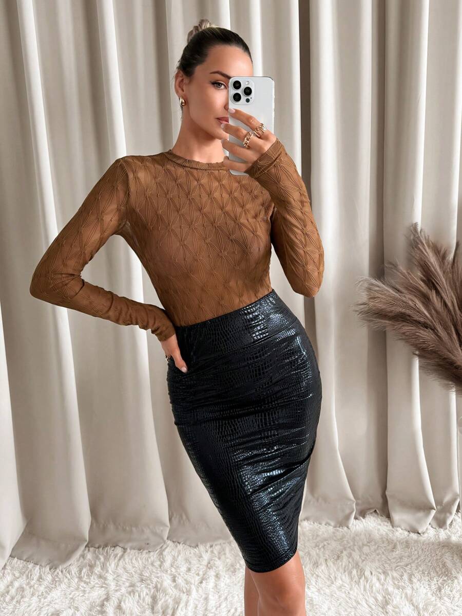 SHEIN Clasi Top de Tricô Elegante e Elegante de Pescoço Alto Marrom com Textura Xadrez, Colarinho Franzido e Ajuste de Renda