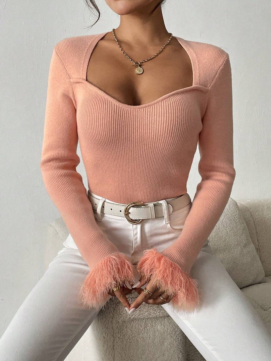 SHEIN Clasi Women's Slim Fit Furry Sleeve Base Layer Sweaterbusiness Casual Woman,Work Wear,Fall Wedding Guest Dress,