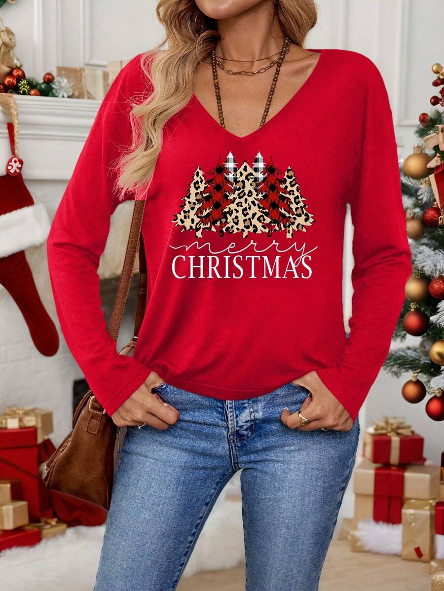 EMERY ROSE Christmas Casual V-Neck Long Sleeve Women's T-Shirt With Christmas Tree Pattern, Suitable For Autumn/Winter