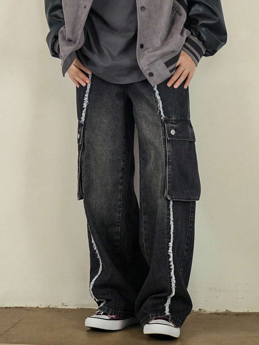 DAZY Jeans cargo holgados con bolsillo con solapa de borde crudo, estilo urbano, para otoño