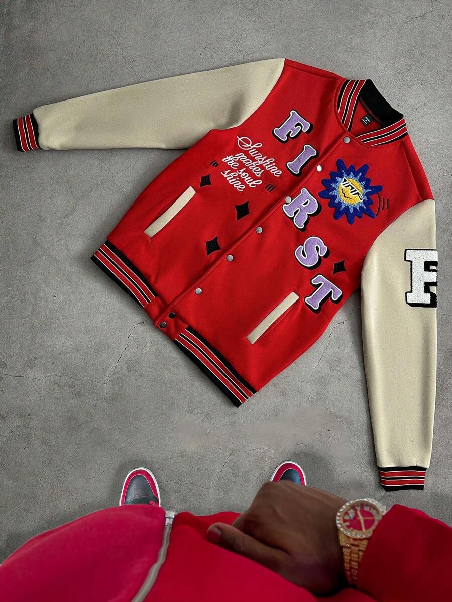 Manfinity Streetrush Men's Solid Color Patchwork Front Button Long Sleeve Letter Baseball Jacket