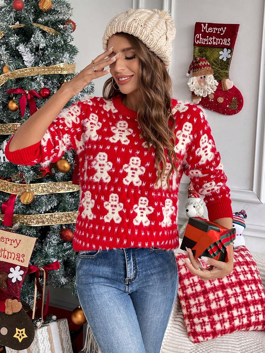 SHEIN Frenchy Damski sweterek z grafiką piernikową w stylu świątecznym