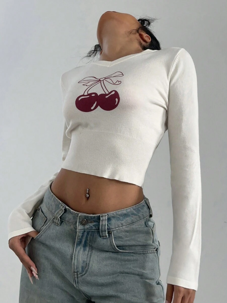 Aloruh College Style Women V-Neck Fitted Cherry Print Warm Ribbed Cropped Pullover Sweater, Autumn/Winter