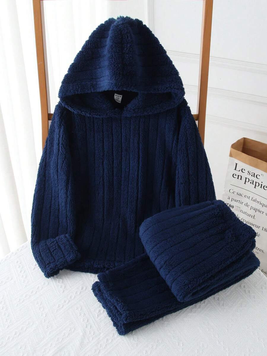 2pcs/Set Tween Boy Navy Blue Solid Color Minimalist Plush Hooded Long Sleeve Top & Long Pants Casual Comfortable Warm Lounge Set