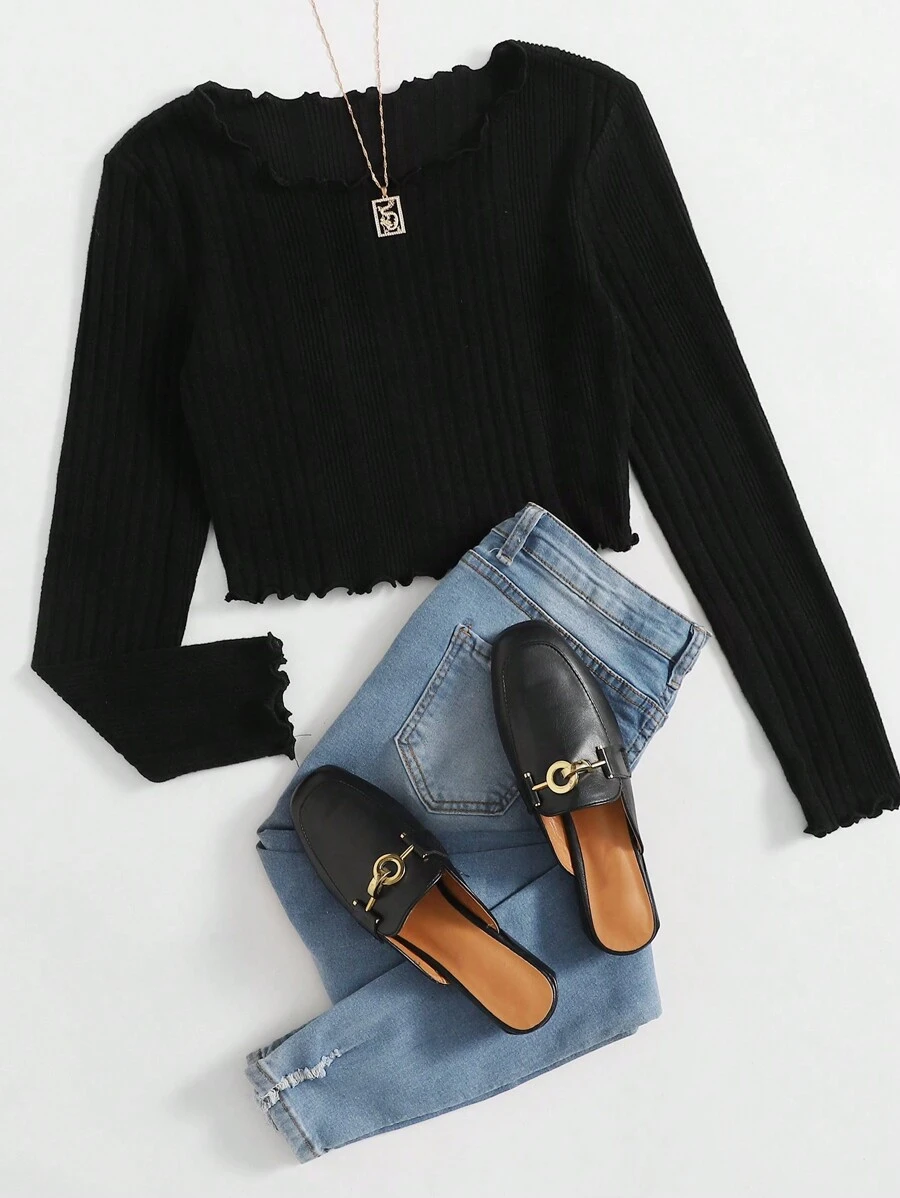 SHEIN EZwear Lettuce Trim Rib-knit Tee