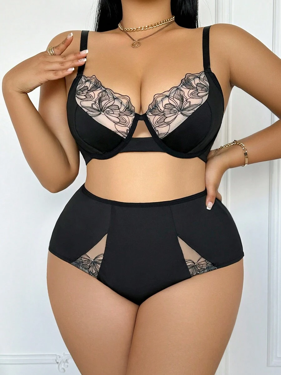 2 piezas Conjunto de lencería sensual y encantador con bordado y empalmado en talla grande