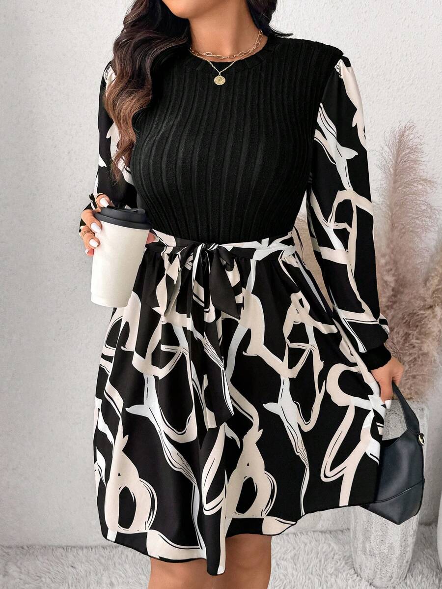 SHEIN Frenchy Vestido de manga larga con cuello redondo, talla grande, de pana con estampado geométrico y parches
