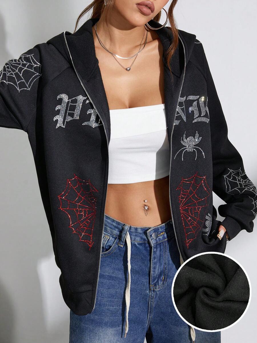 Flirla Reflective English Graphic Hooded Zip-Up Long Sweatshirt
