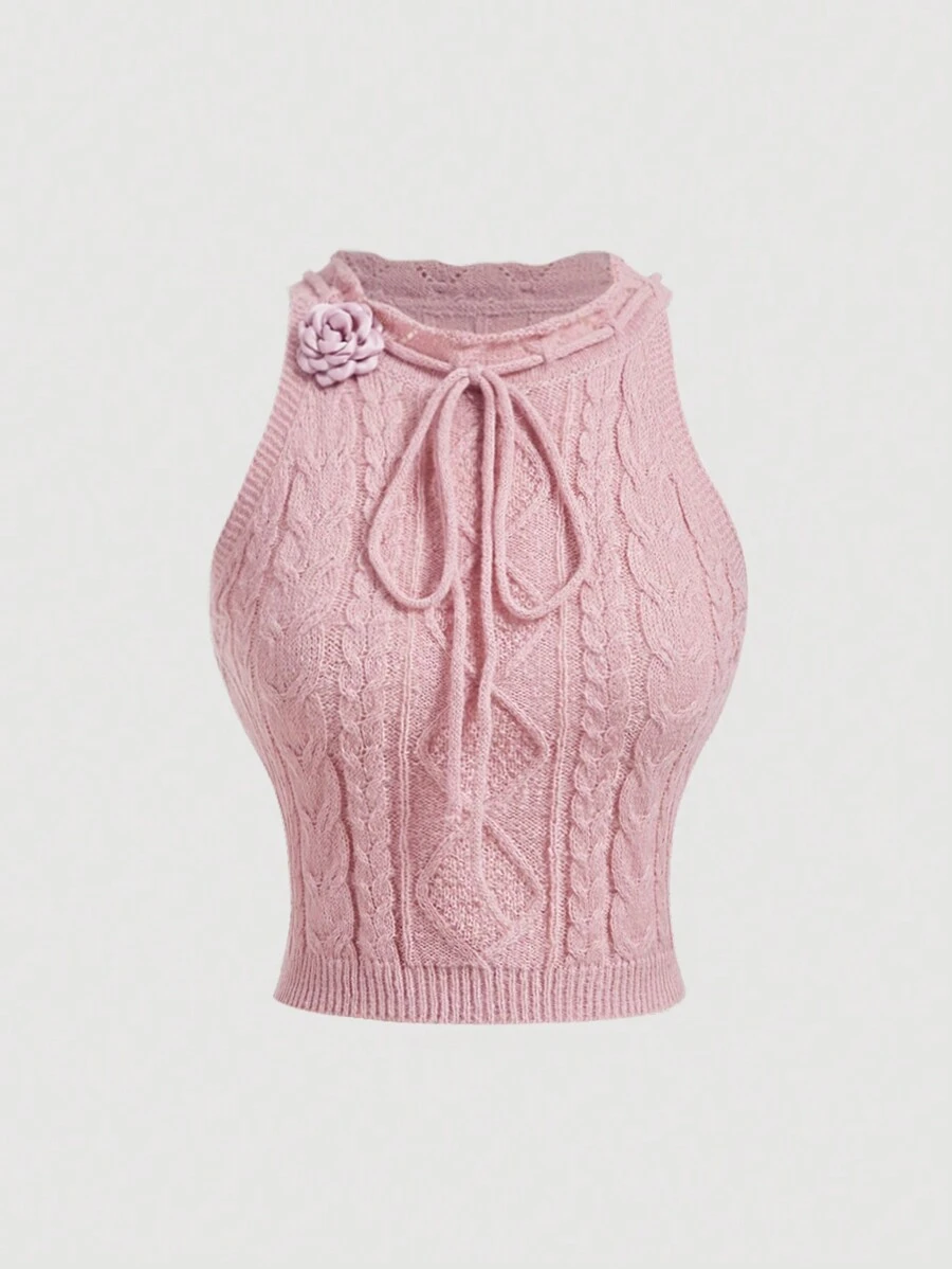 SHEIN MOD Pink Front Tie Twist Knit Sweater,Women Sweater Vest,Y2k,Thanksgiving Women Outfit,Fall Women Outfits,Cute Woolen Vests,Back-To-School Clothing,