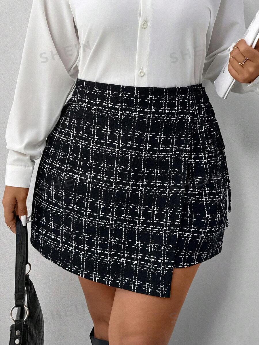 SHEIN Frenchy Falda-pantalón estilo boho a cuadros con borde asimétrico y talla grande para uso casual y para ir al trabajo, otoño