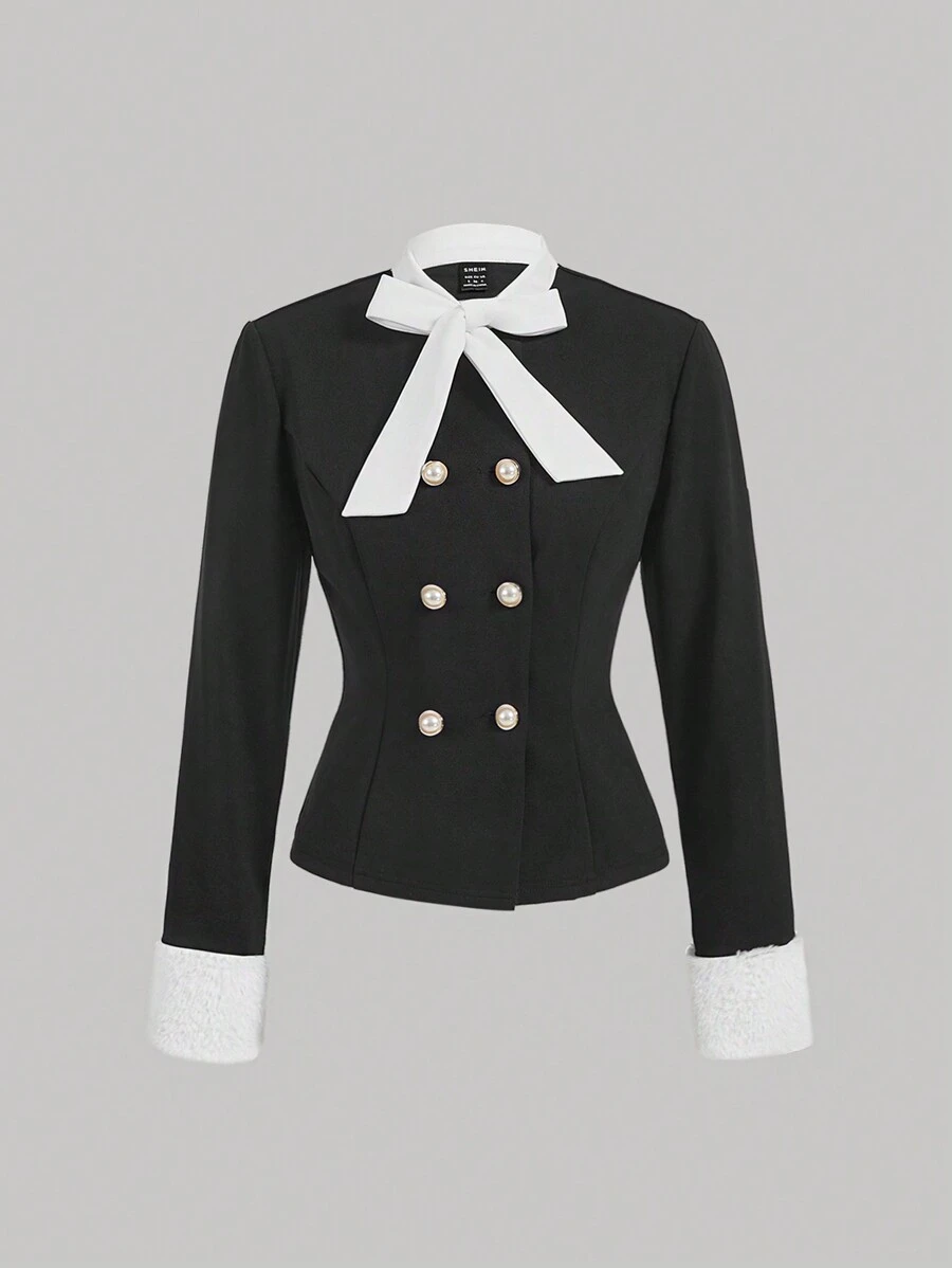 SHEIN MOD Veste élégante de femmes à col et manchettes en nœud papillon double boutonnage, veste d'hiver pour femmes, veste d'automne pour femmes, tenue d'automne pour femmes, veste d'hiver pour femmes