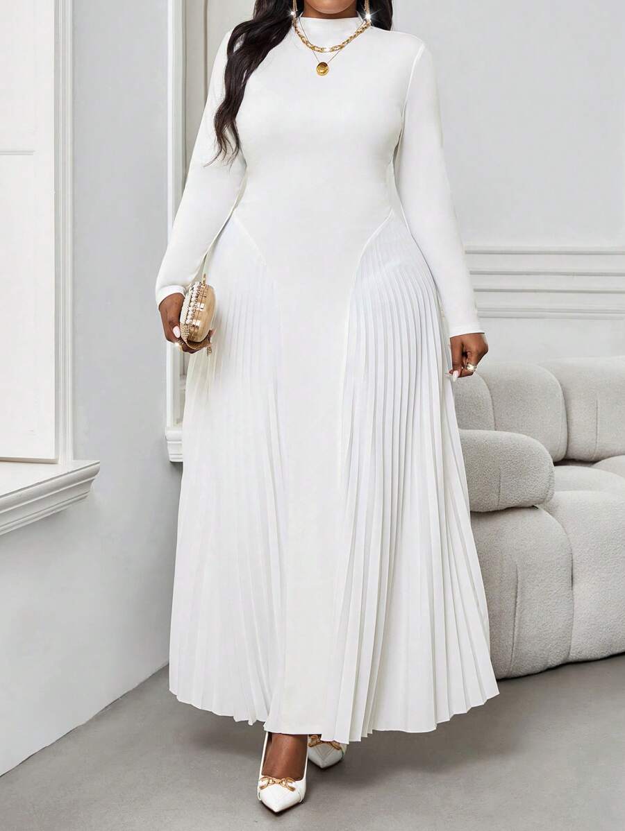 SHEIN Lady Autumn And Winter Elegant Work Office White Knitted Stand Collar Pleated Flowy Pleated Long Long Sleeve Plus Size Dresses Fall Women Outfits Winter Women Dress Elegant Women Dresses Fall Clothes Curve