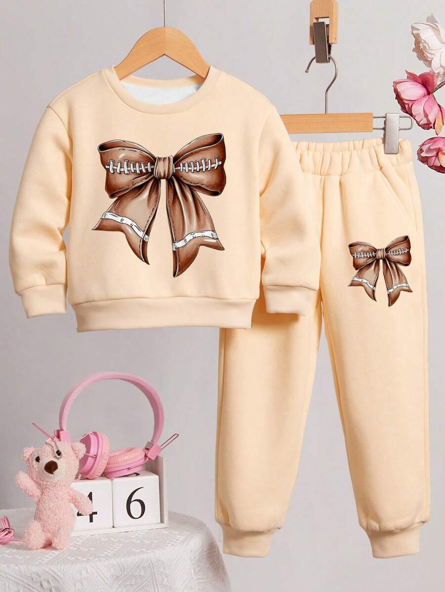 SHEIN 2 stuks/set jonge meisjes losse vlinderprint casual ronde hals sweatshirt outfit met thermische voering, geschikt voor herfst/winter