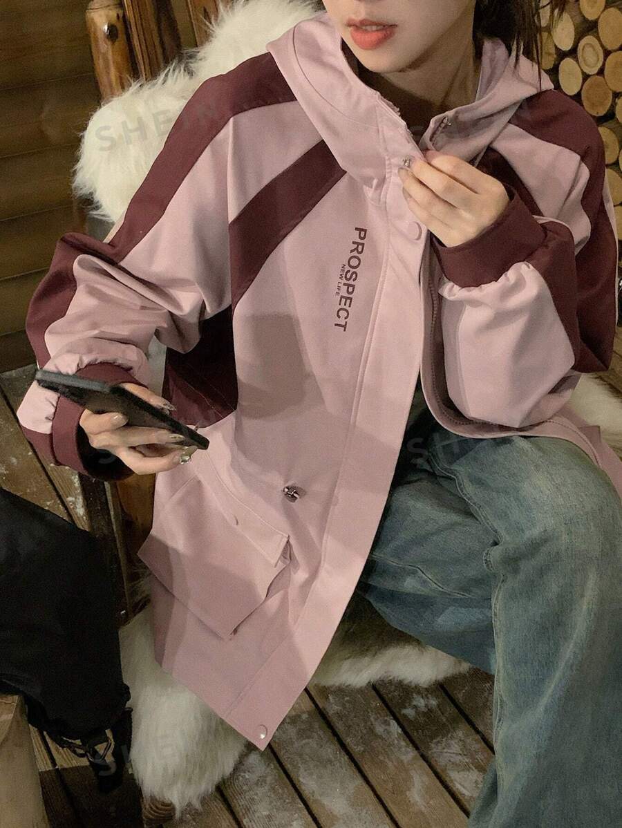 DAZY Chaqueta con capucha de manga larga casual y suelta con bloqueo de color e impresión de letras para mujer, para el otoño