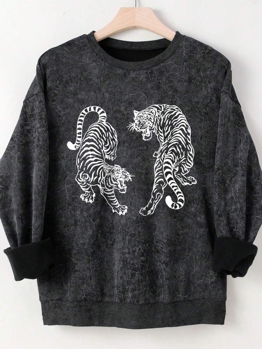 INAWLY 2pcs Loose Fit Round Neck Women Sweatshirt, Casual Two Tigers Print, Suitable For Autumn And Winter
