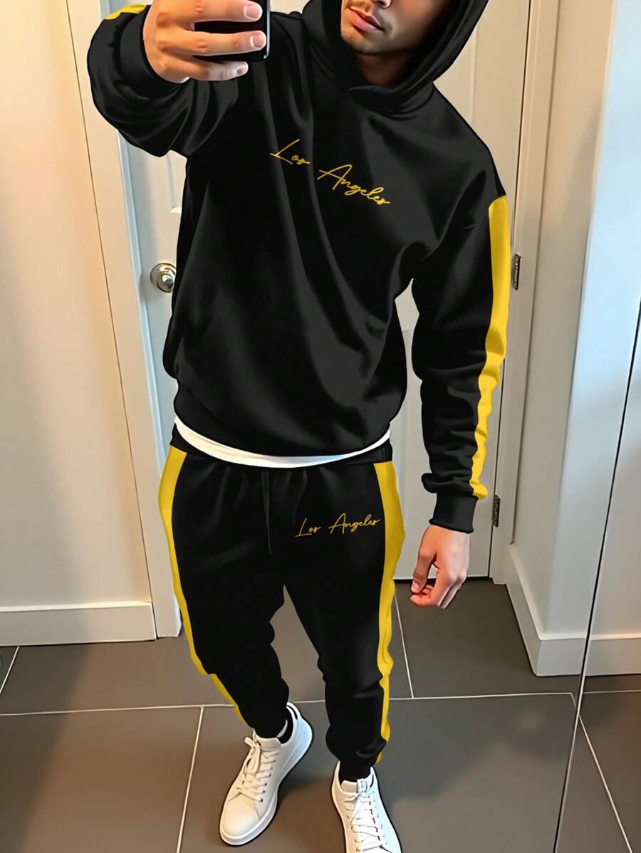 SHEIN 2pcs Set: Los Angeles, Kung Fu Yellow, Tween Boy Casual Simple Letter Graphic Hoodie & Long Sleeve Pullover Sweatshirt, Suitable For Autumn/Winter