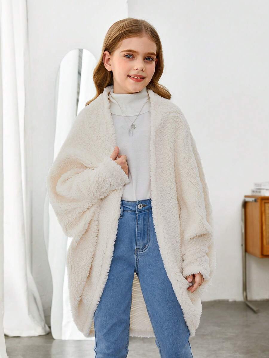 Tween Girl Batwing Sleeve Open Front Imitation Teddy Fur For Warmth Coat