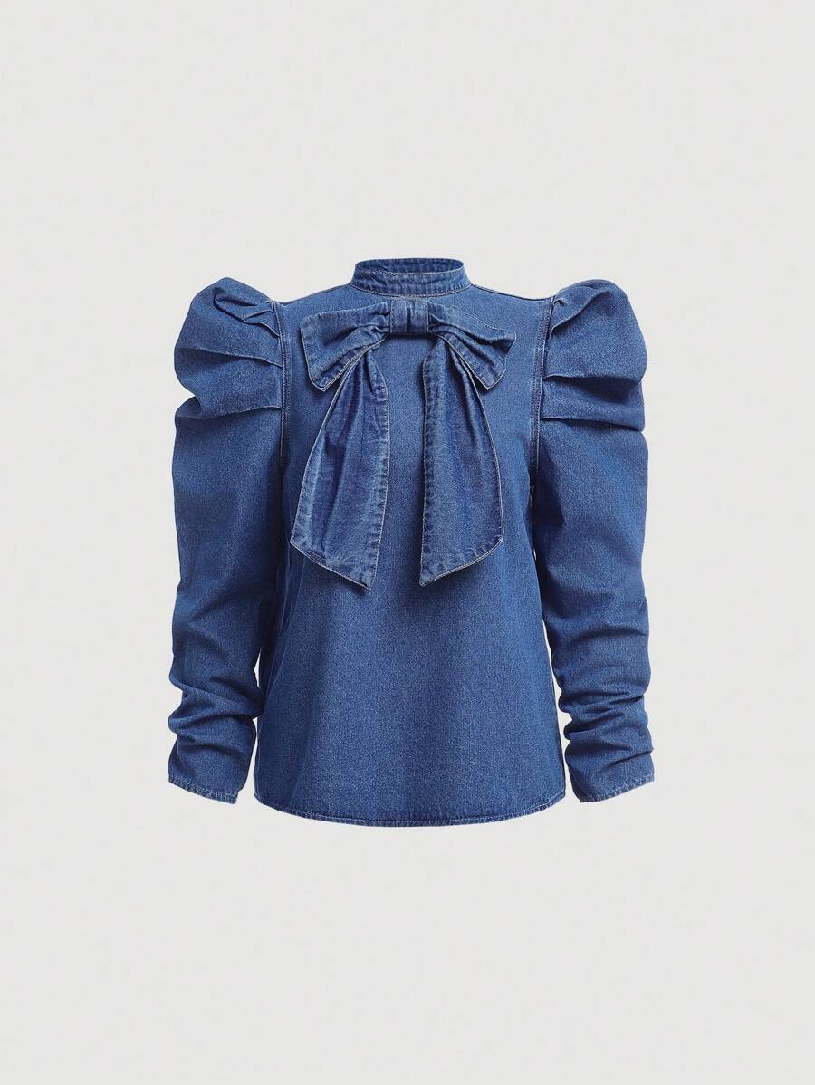 SHEIN Blue Denim Butterfly Detail Stand Collar Gigot Sleeve Blouse For Teen Girls