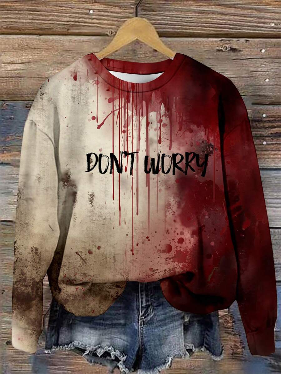 EMERY ROSE Casual Minimalist Tie-Dye Letter Print Round Neck Long Sleeve Loose Sweatshirt For Women, Suitable For Summer