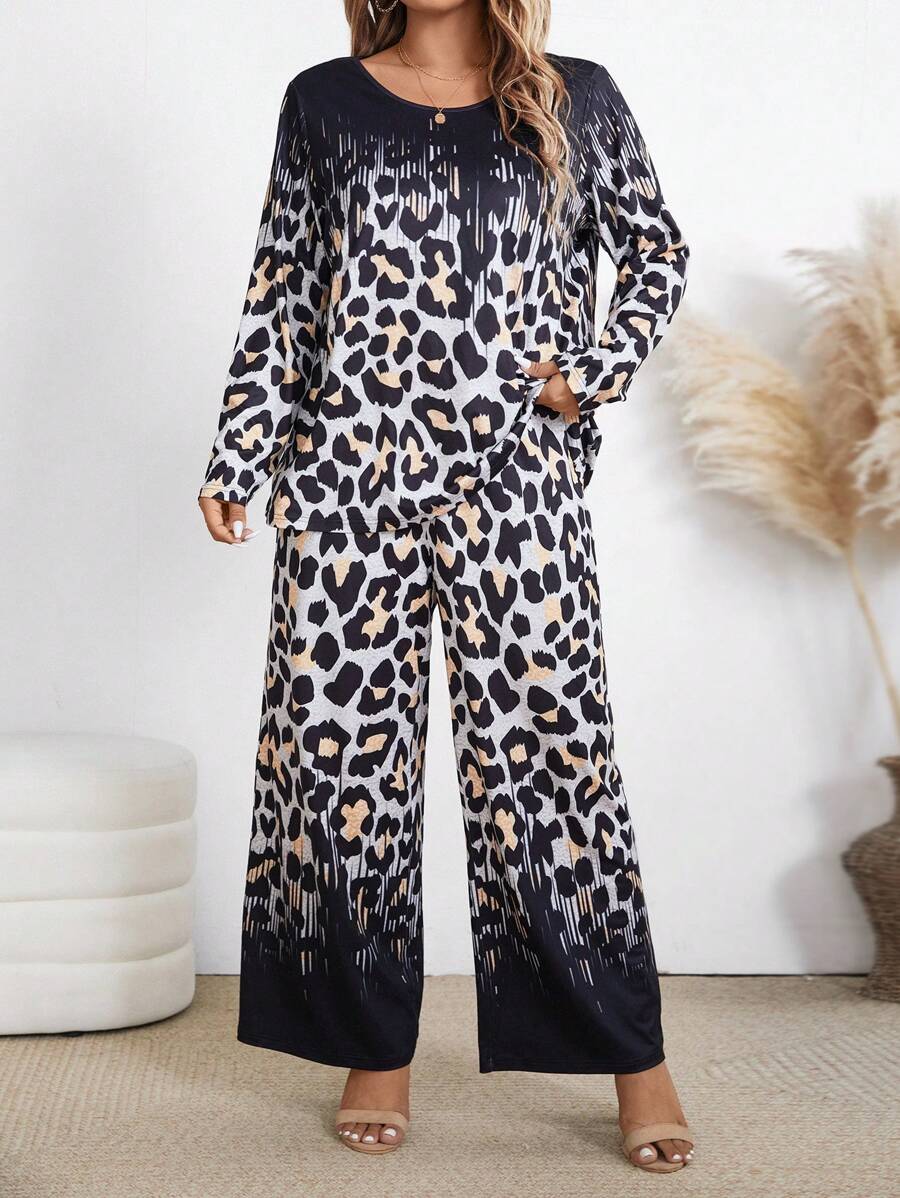 2pcs/Set Plus Size Casual Leopard Print Knit Crew Neck Outfit For Women