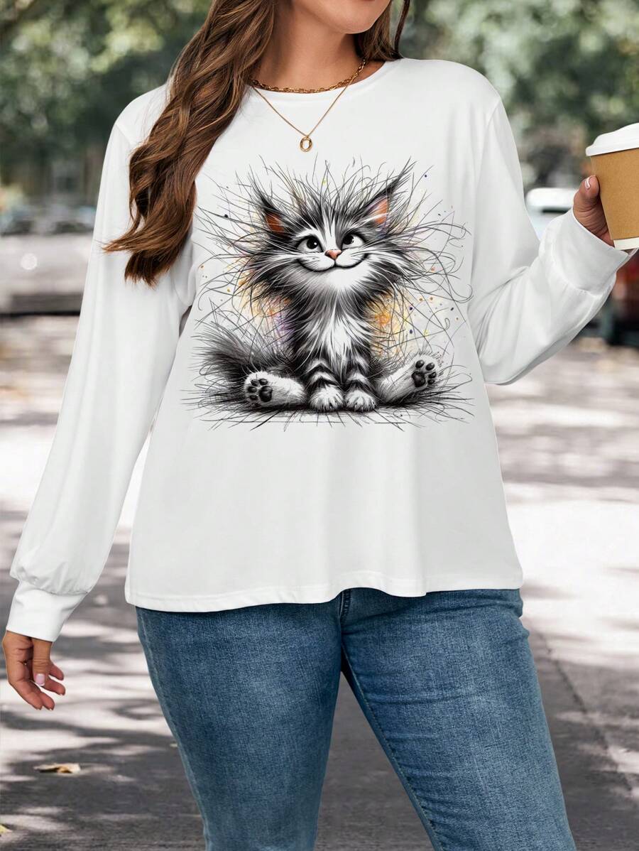 EMERY ROSE Plus Size Women Casual Cartoon Cat Allover Print Loose Fit Crew Neck Long Sleeve T-Shirt