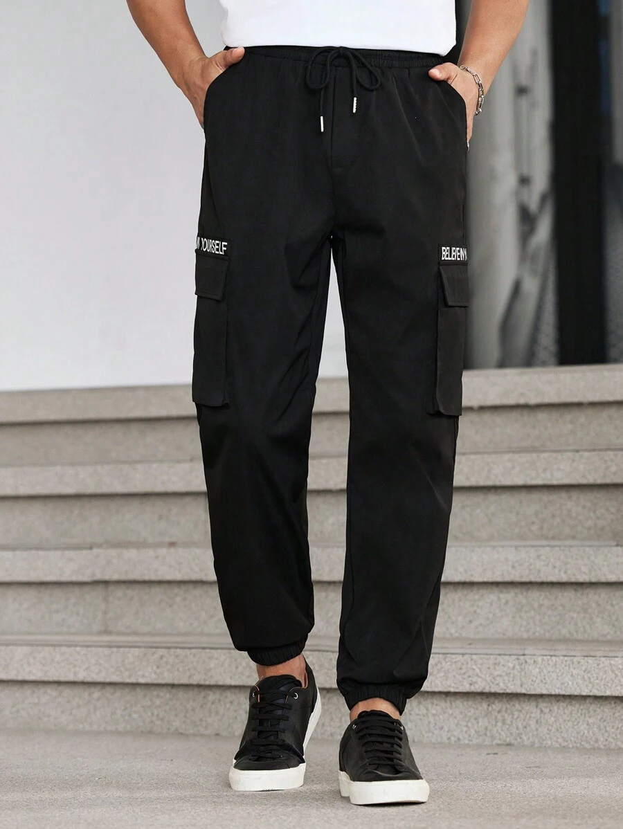 Manfinity Homme Men's Solid Color Front Lace-Up & Letter Print Pocket Casual Long Pants'