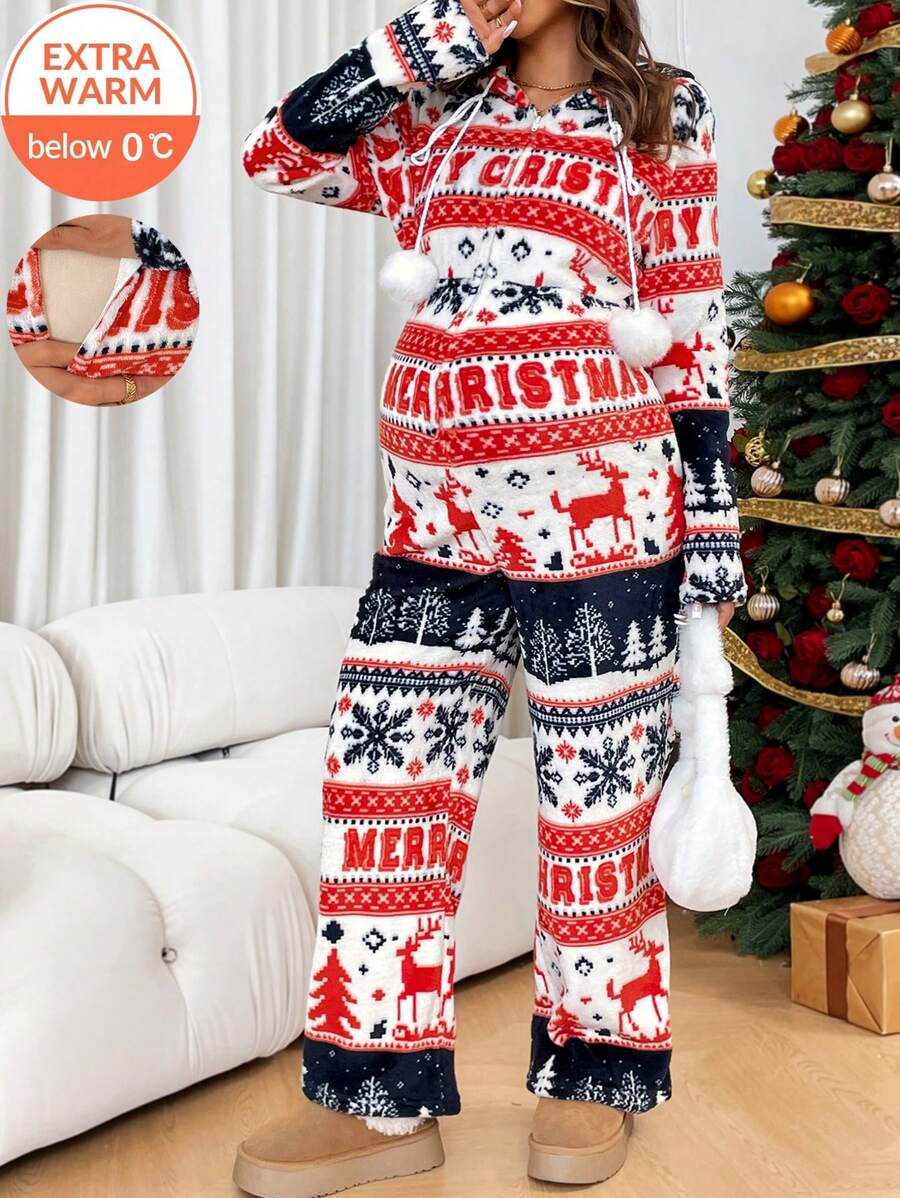 SHEIN SHEIN Maternity Christmas Pregnant Women's Winter Snowflake & Deer Print Hooded Long Sleeve Jumpsuit
