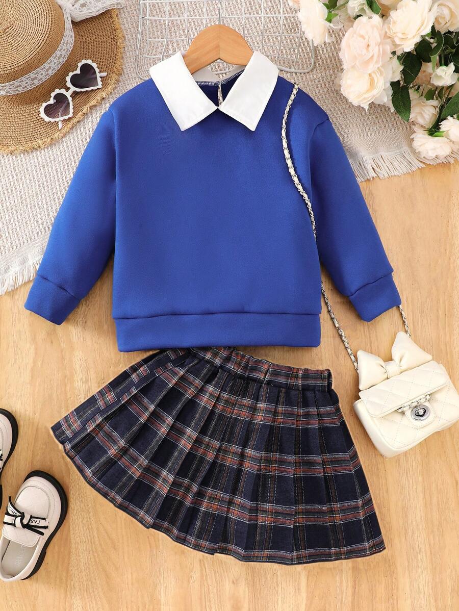 SHEIN 2pcs/Set Young Girl Casual Plush Collared Sweatshirt And Plaid Pleated Skirt, Suitable For Spring And Autumn