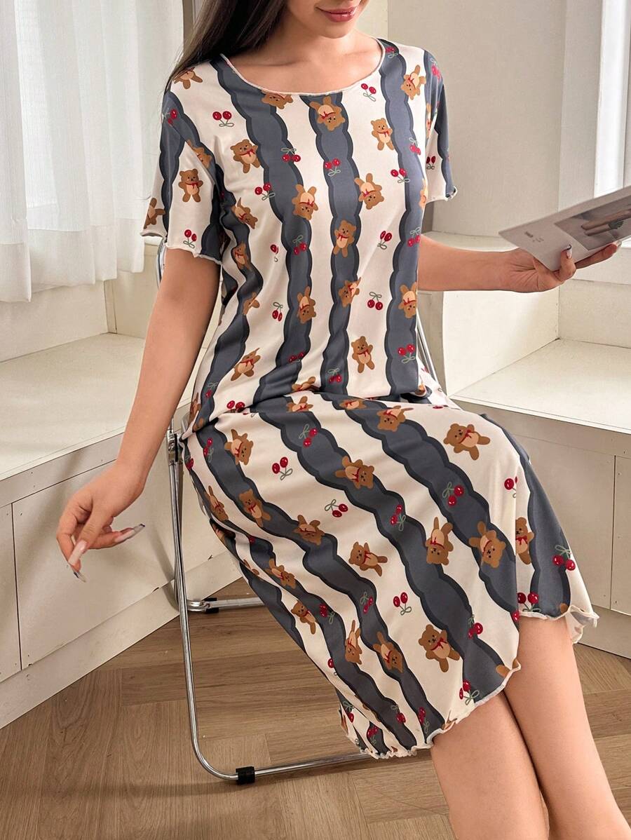 Dream Adore Cute Bear Striped Print Short Sleeve T-Shirt Nightgown Babydoll For Women Holidayseason