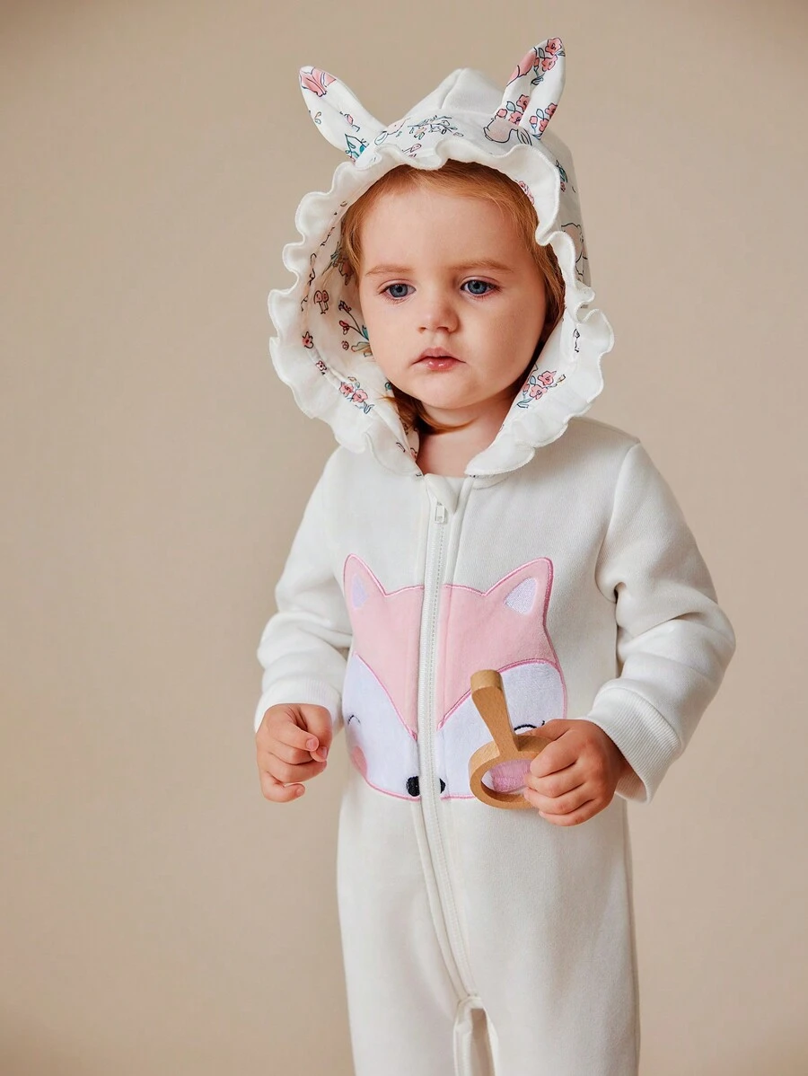 SHEIN 1pc Baby Girls' Cute Animal Embroidered Long Sleeve Hooded Romper, Autumn Winter