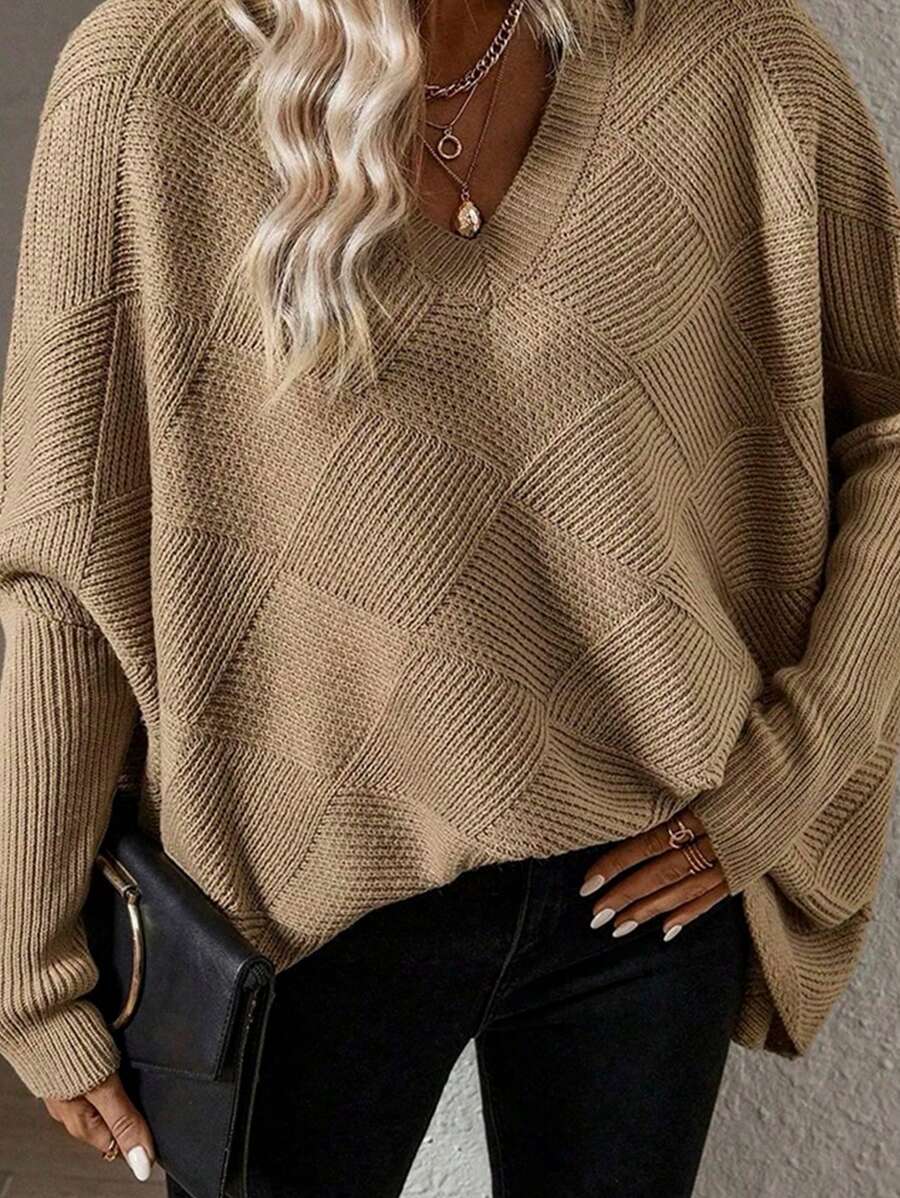 INAWLY Pull over à col V couleur unie motif diamant, grande taille, automne/hiver