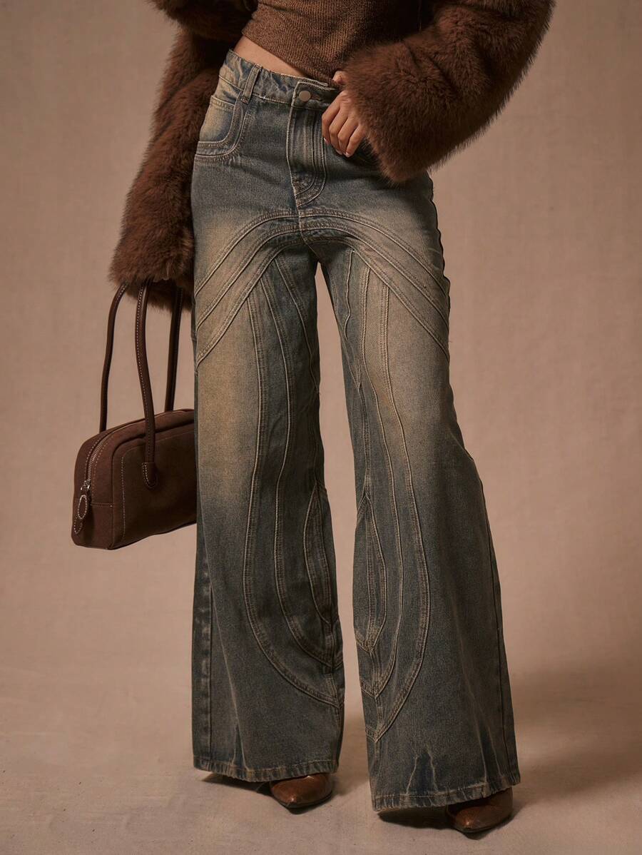 MUSERA Jeans de ajuste holgado con pespunte, estilo primaveral de los 90's y del año 2000, informales de verano, lindos para conciertos, festivales y raves estilo occidental