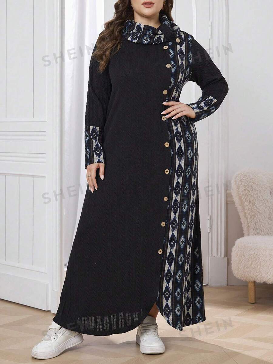 Al Najma Vestido de punto de cuello alto con textura y diseño de patchwork, talla grande para mujer, apropiado para otoño/invierno, vestido casual de tipo maxi para uso diario