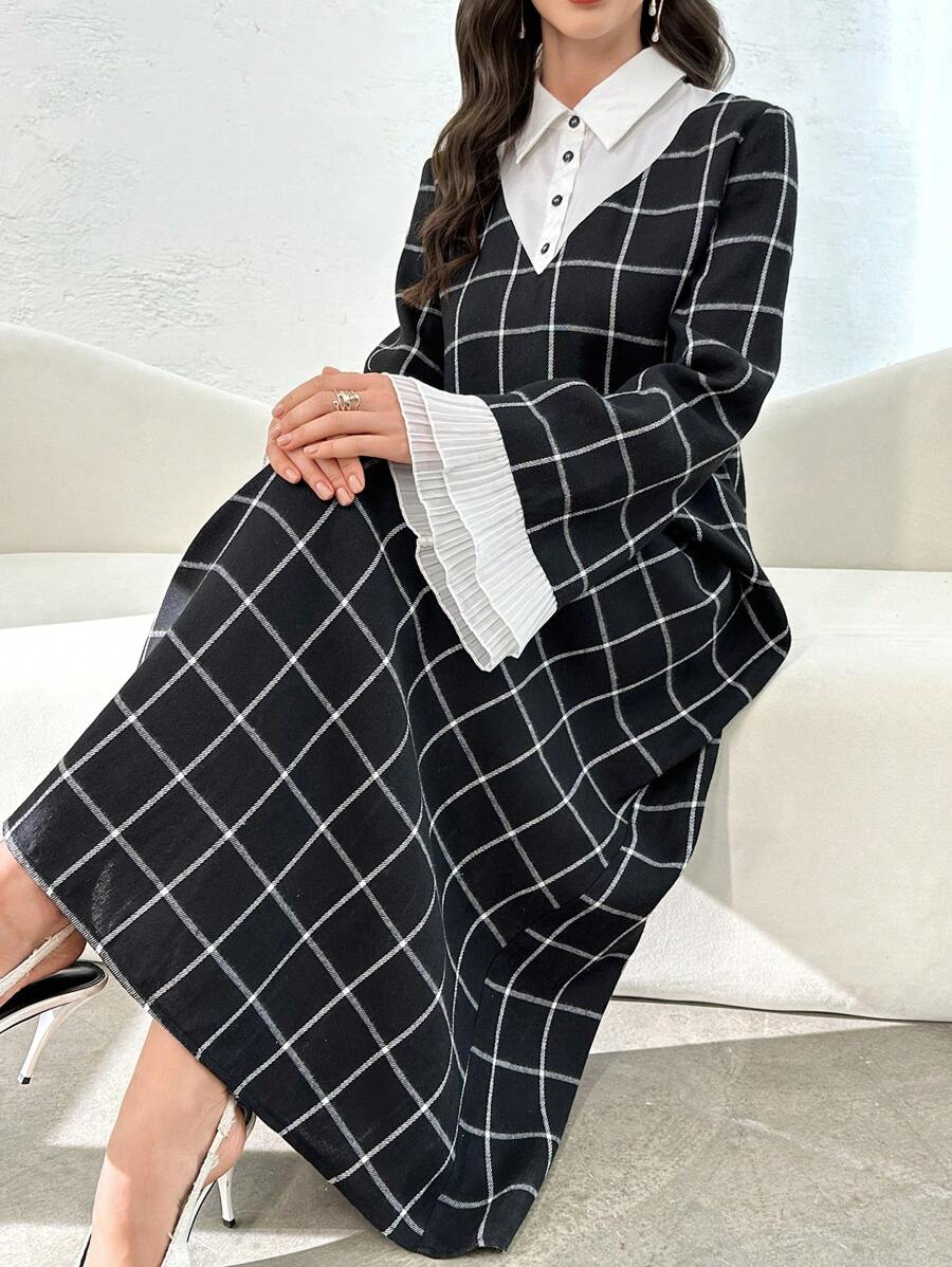 Al Najma Vestido elegante de mujer con mezcla de gasa y cuadros, estilo árabe, vestido árabe modesto de línea A de manga larga y elegante, para uso casual diario/en casa