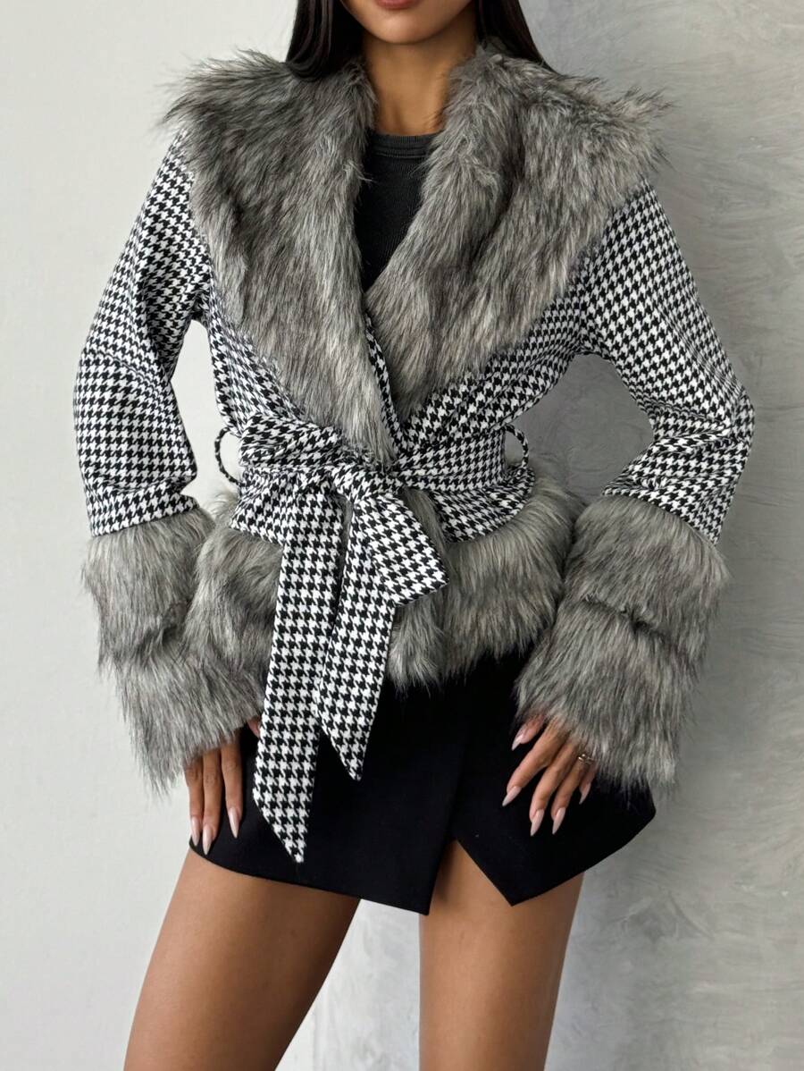 SHEIN Privé 1 pièce Veste femme en patchwork de pied-de-poule moelleuse, pour l'automne et l'hiver