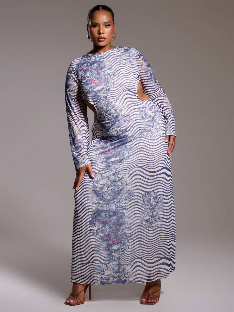 MUSERA Plus Size Abstract Print Cut Out Side Long Sleeve Maxi Dress Outfit For Going Out, Sexy, Club, Party, Date Night, Vacation, Holiday, Rave, Concert, Ibiza, Festival