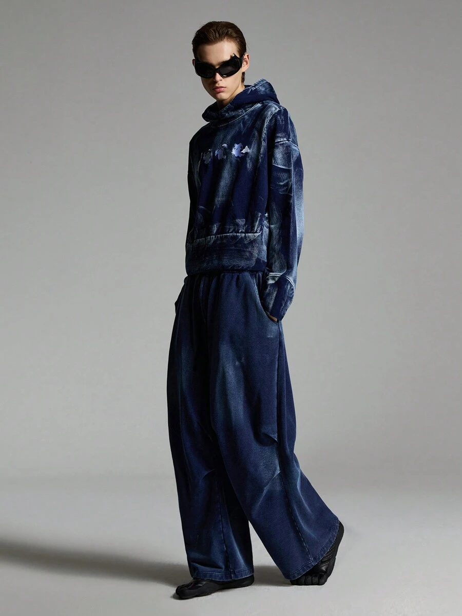 NEON BLANC Men's Casual Loose Denim Effect Washed Wide-Leg Sweatpants