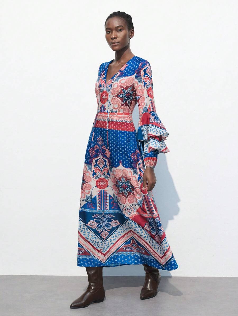 Maija Women V-Neck Allover Print Casual Versatile Long Sleeve Dress