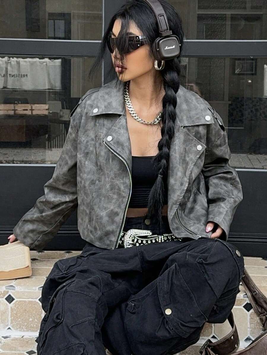 SHEIN EZwear Women's New Vintage Leather Motorcycle Jacket