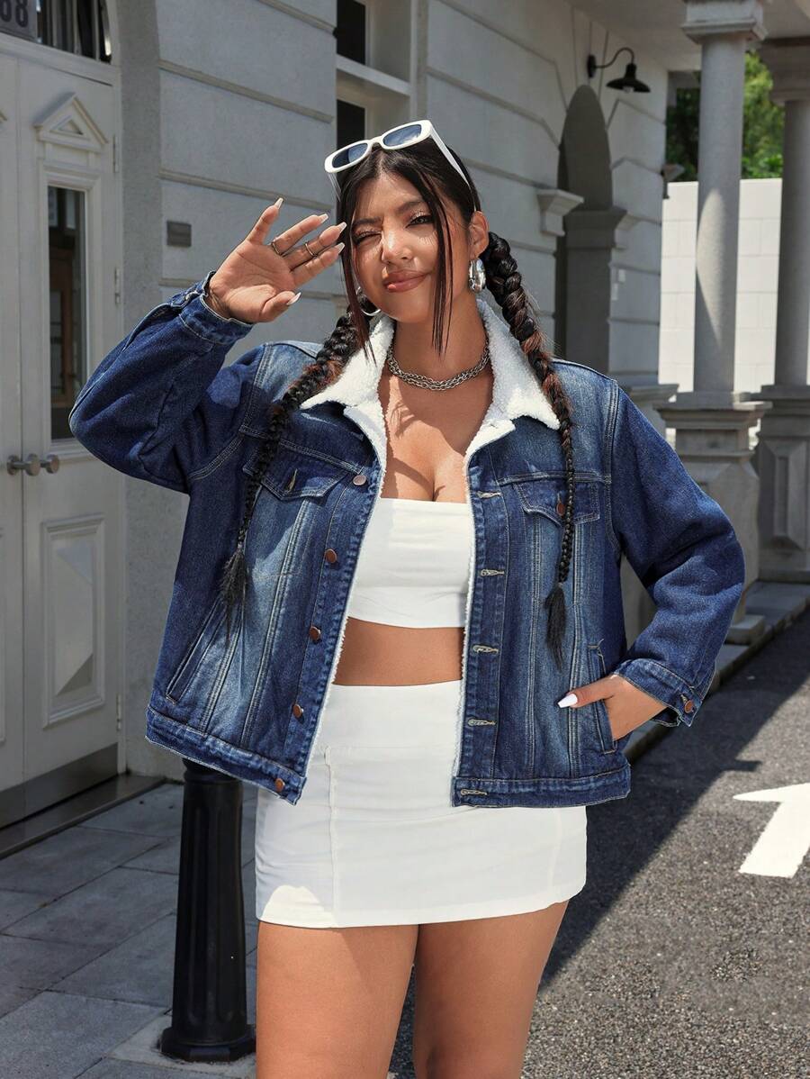 Plus Size Women Contrast Color Turn-Down Collar Long Sleeve Casual Loose Christmas Clothes Women Thanksgiving Outfit Women Thermal Denim Jacket For Autumn, For Winter