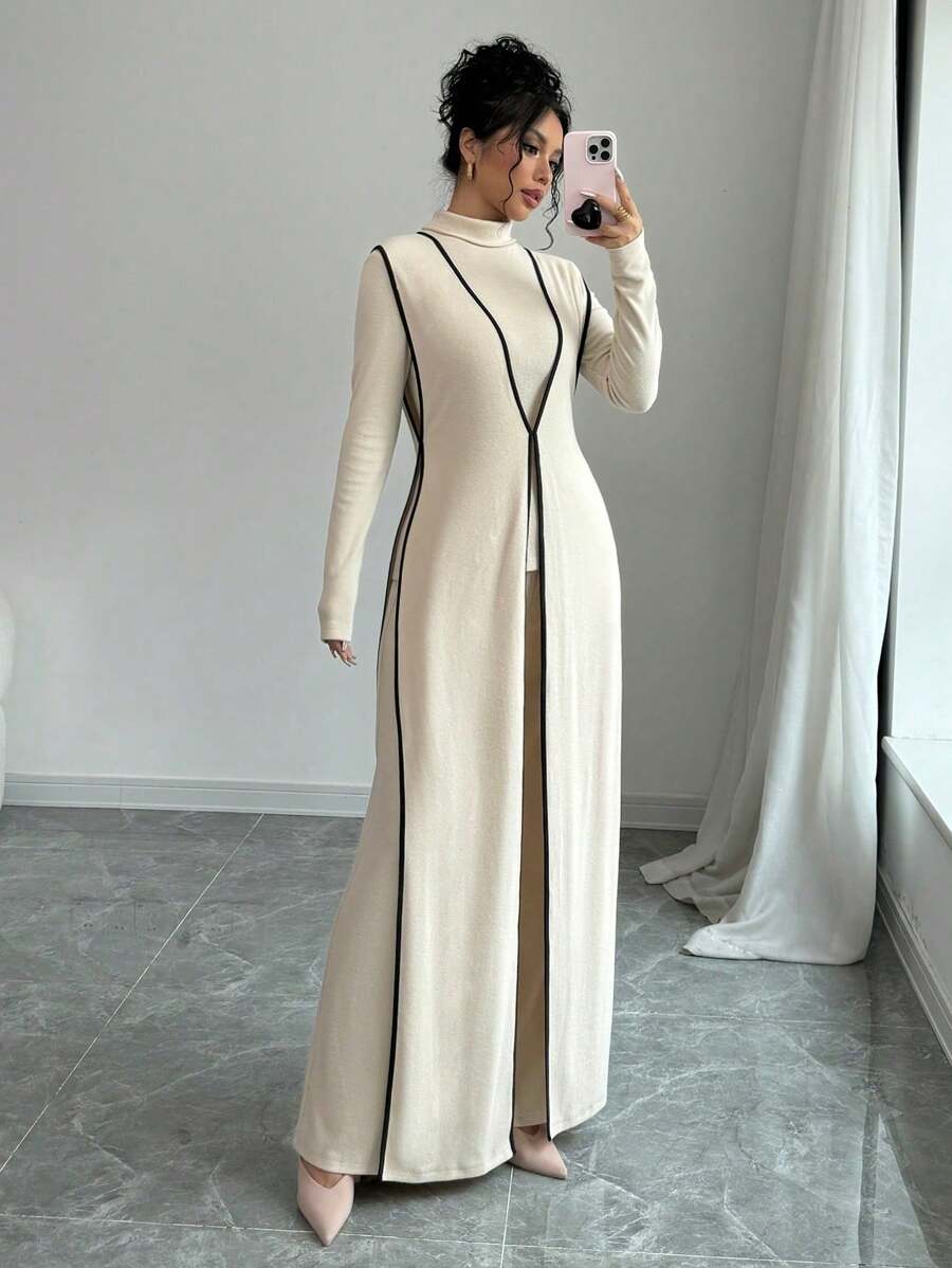 Elenzga 3-delige set dames gebreide fluwelen geribbelde hoge hals colorblock lange jumpsuit