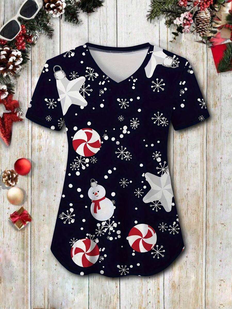 Women's V-Neck Christmas Print Casual Short Sleeve T-Shirt