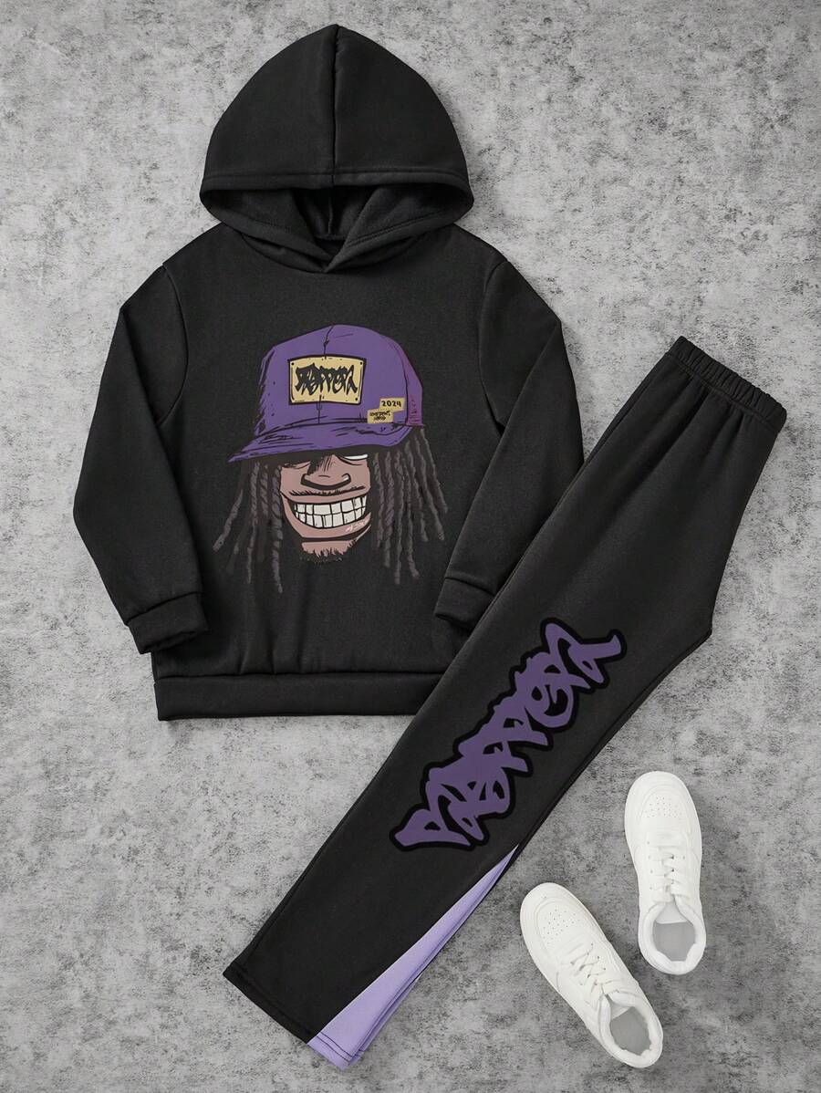 2 piezas/Conjunto Niño preadolescente Sudadera con capucha y pantalones de chándal informales con estampado de letra de dibujos animados, otoño/invierno